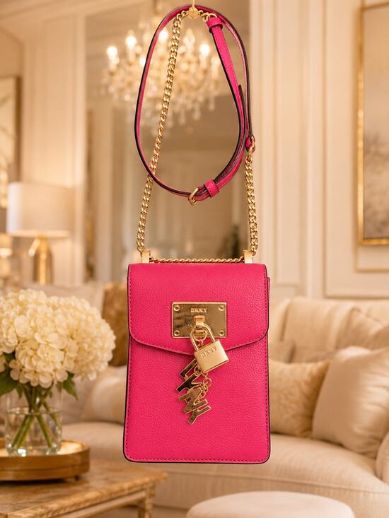 DKNY Handbags - DKNY Pink Pebbled Leather Phone Crossbody Bag Gold Tone Lock Charm Chain Leather